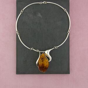 sterling silver vintage large amber modernist necklace size 17.5in